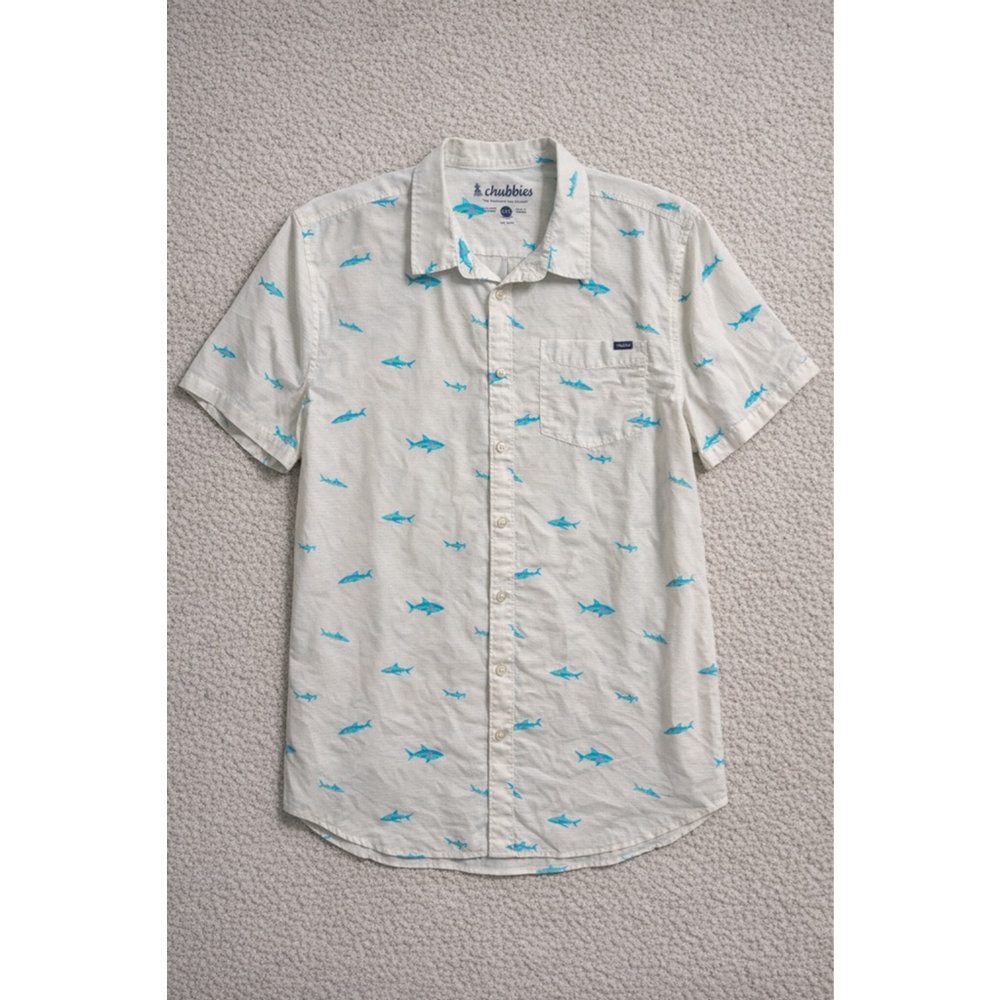 Chubbies Shark Print Button Up Shirt XXL Beach Vacation Hawaiian
